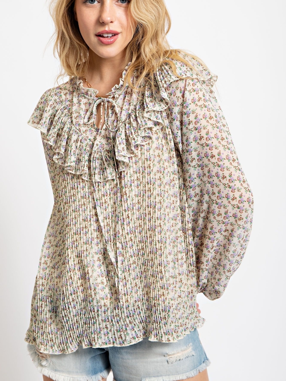 EASEL Cream Floral Ruffle Tie-Neck Blouse (New In Bag)